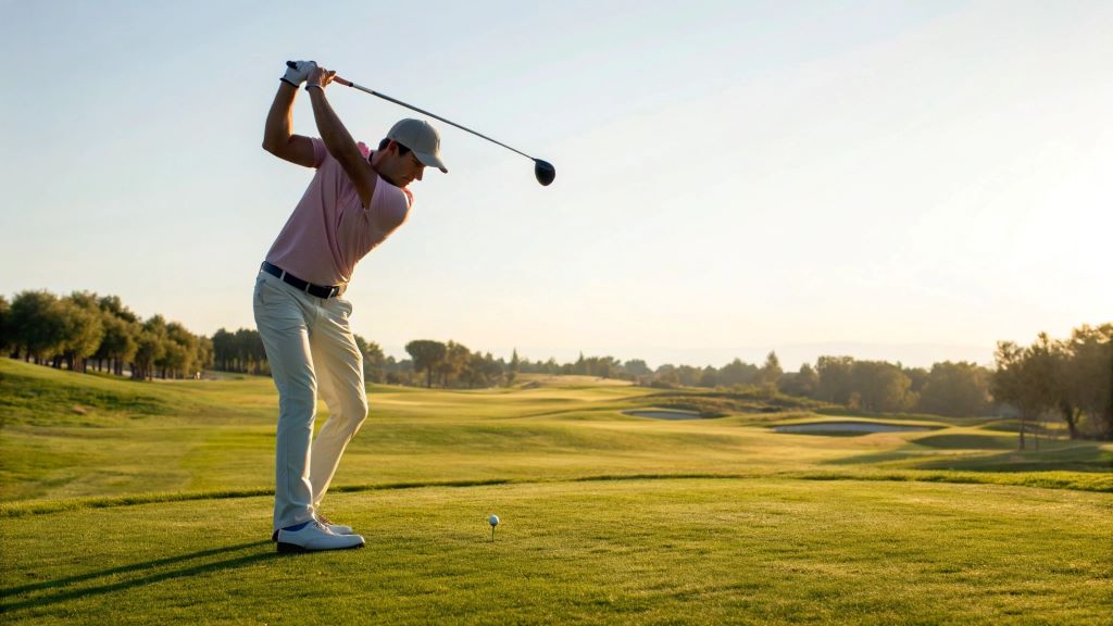 Golfer mid-swing practicing advanced techniques to increase driving distance on a sunny golf course
