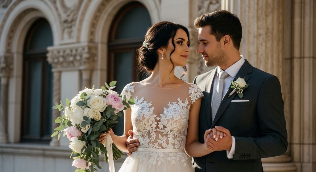 Elegant bride and groom in romantic editorial wedding pose with soft natural lighting and architectural background