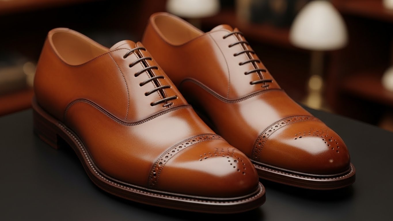 Classic brown leather Oxford shoes from the 1940s era with cap-toe design and polished finish