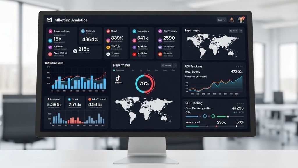 Marketing analytics dashboard showing influencer campaign performance metrics and ROI tracking data across multiple social media platforms