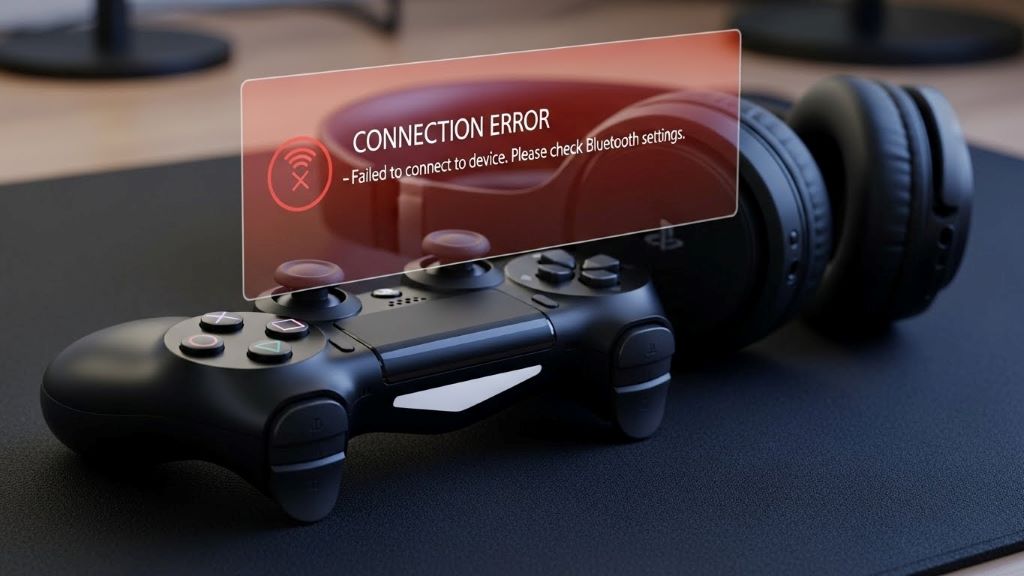 PlayStation DualShock controller with wireless headphones displaying connection error message
