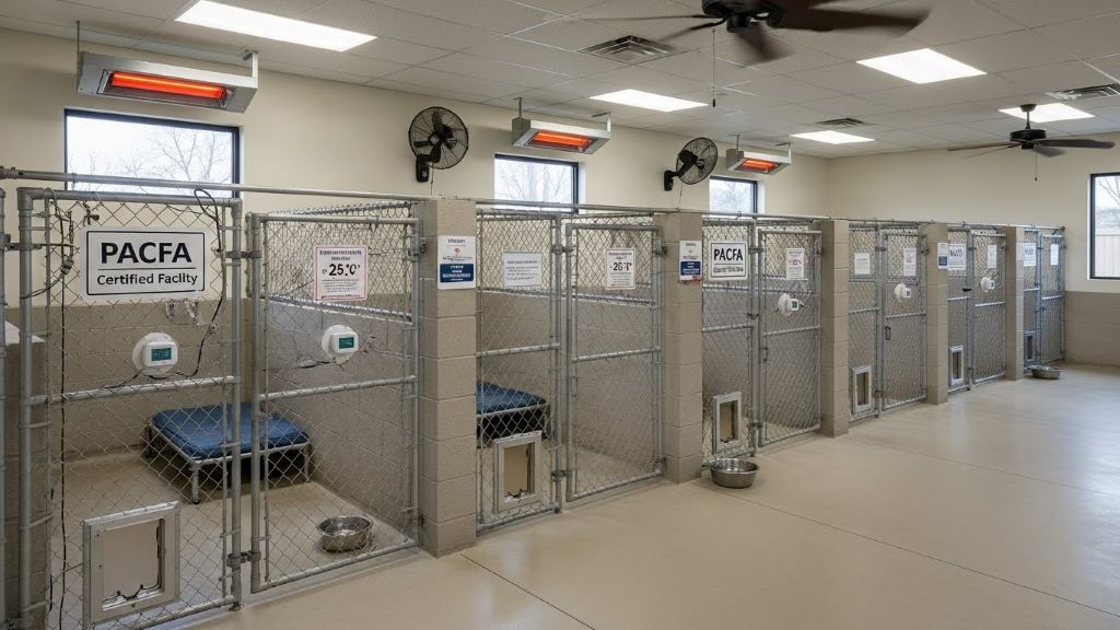 Well-maintained dog kennel enclosure meeting PACFA standards with proper ventilation, heating, and temperature control systems