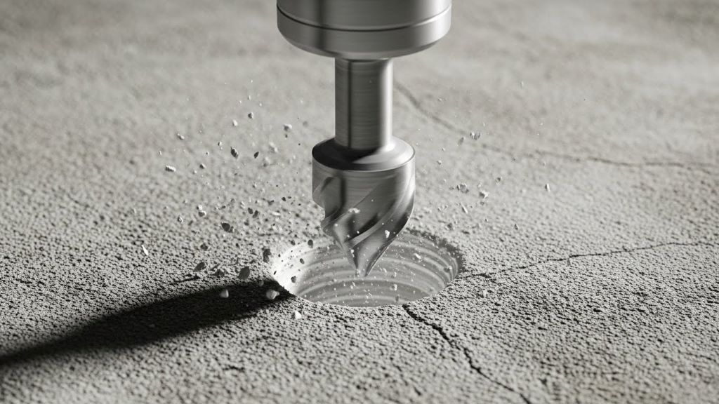 Drill bit creating hole in concrete surface for sleeve anchor installation