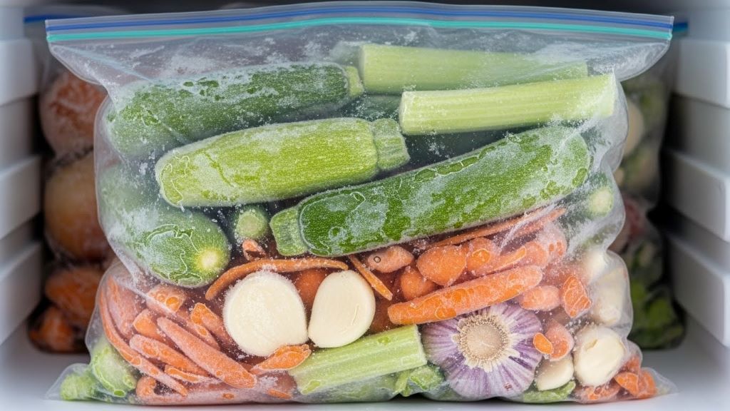 Frozen zucchini ends and vegetable scraps stored in clear freezer bag for homemade stock preparation