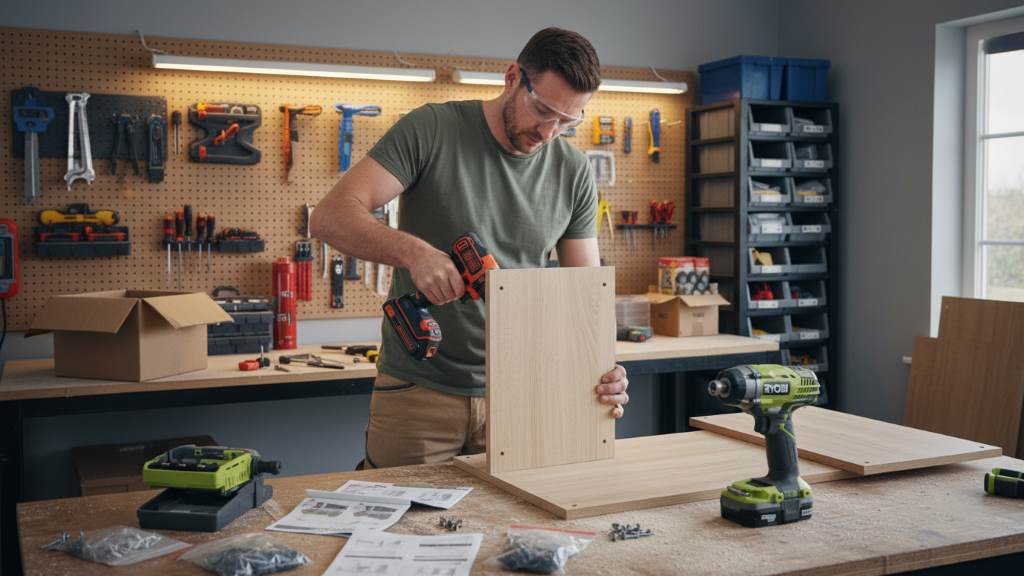 DIY enthusiast assembling flat-pack furniture with power drill in home workshop setting