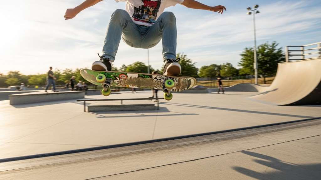 skateboarder performing an ollie at a skatepark with upgraded wheels and bearings