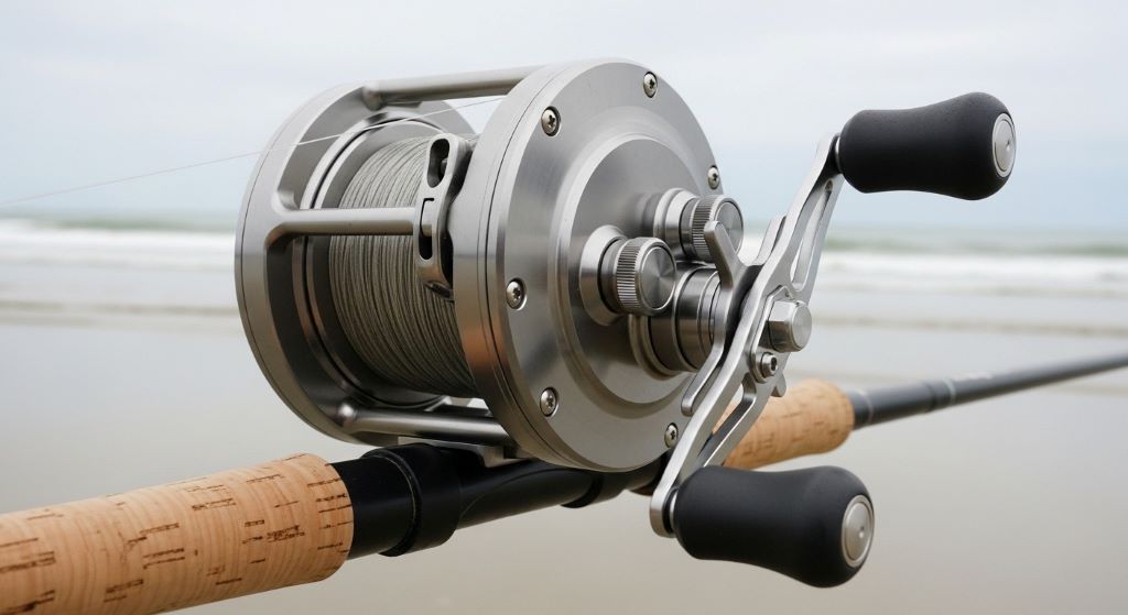 Large surf fishing reel with deep spool design showing high line capacity for long runs and powerful ocean fish