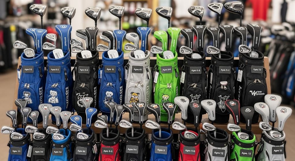 Collection of junior golf club sets displayed showing various sizes and age-appropriate options