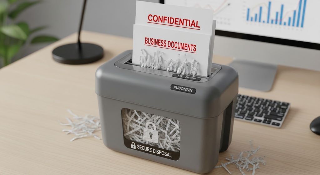 Small office cross-cut shredder destroying confidential business documents with secure paper disposal for data protection