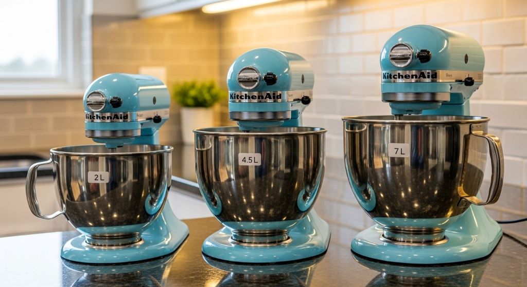 Stand mixer with various bowl sizes displayed side by side on kitchen counter showing capacity differences