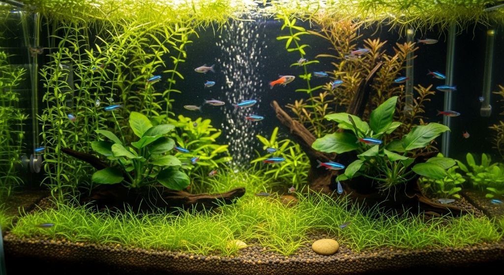 Small nano fish school swimming among green aquatic plants in a well-maintained freshwater community tank setup