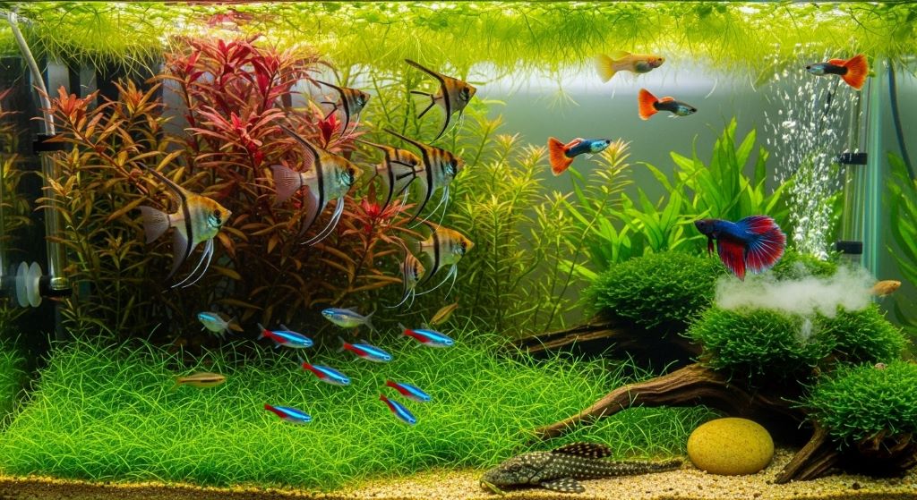 Colorful tropical fish swimming peacefully together in a planted community aquarium with various species occupying different water levels
