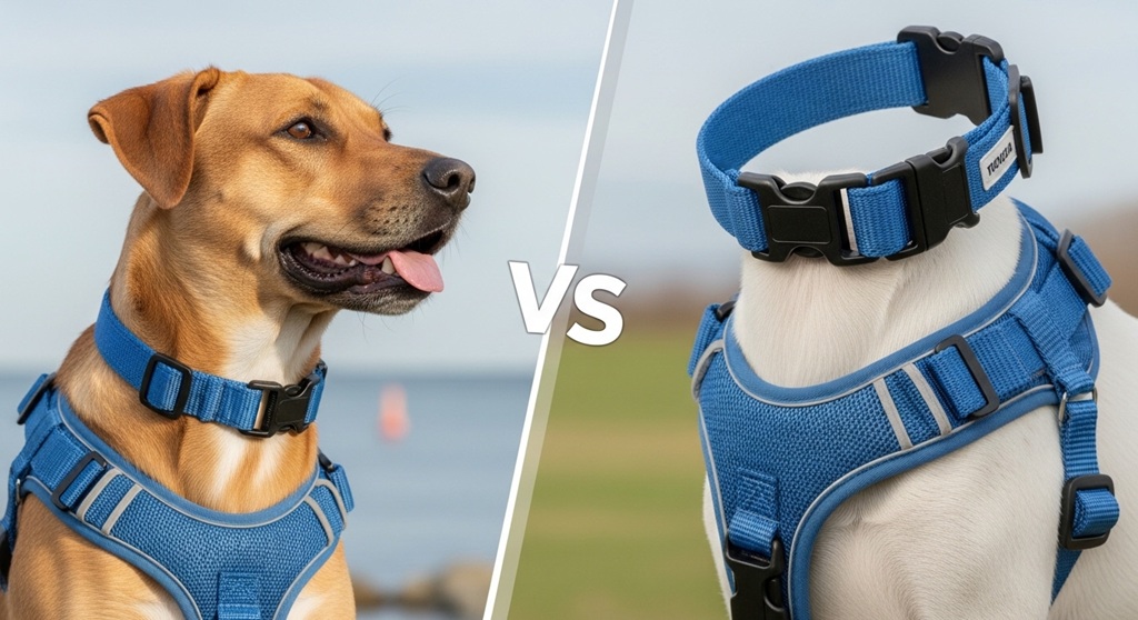 Comparison of dog collar and front-clip harness on leash