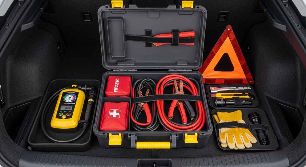 Open car trunk displaying organized emergency kit with tire inflator first aid supplies jumper cables and safety tools neatly arranged in storage container