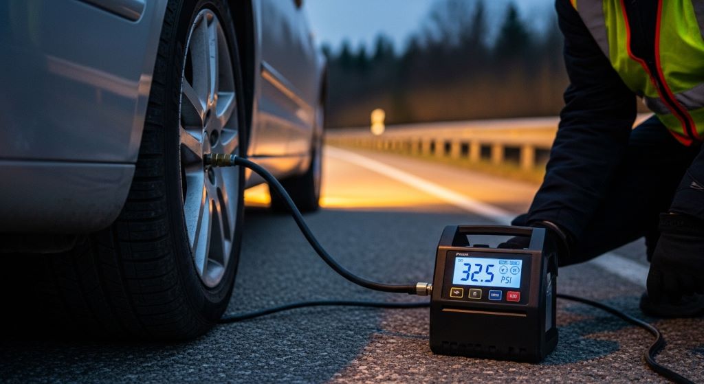 Portable tire inflator connected to car tire valve with digital pressure gauge display showing PSI reading during roadside emergency repair