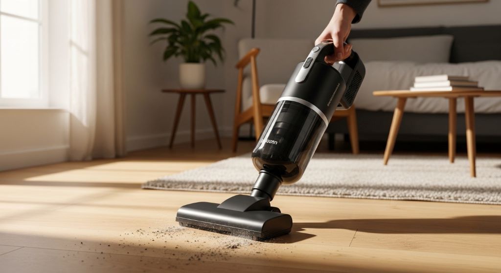 Compact handheld vacuum cleaning hardwood floor in furnished studio apartment