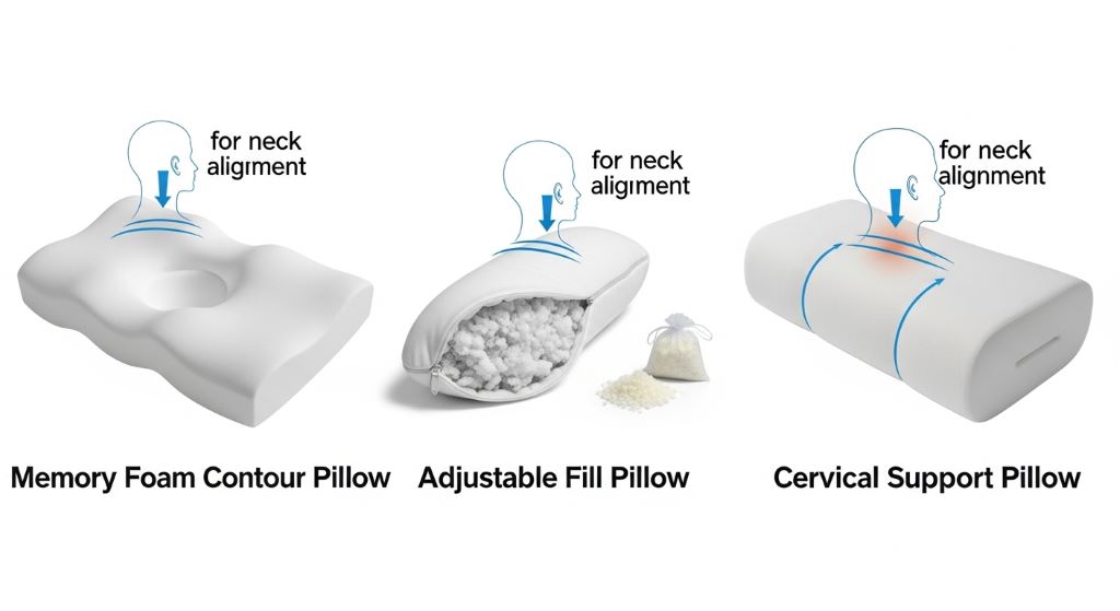 Comparison image of three pillow types showing memory foam contour pillow, adjustable fill pillow, and cervical support pillow for neck alignment