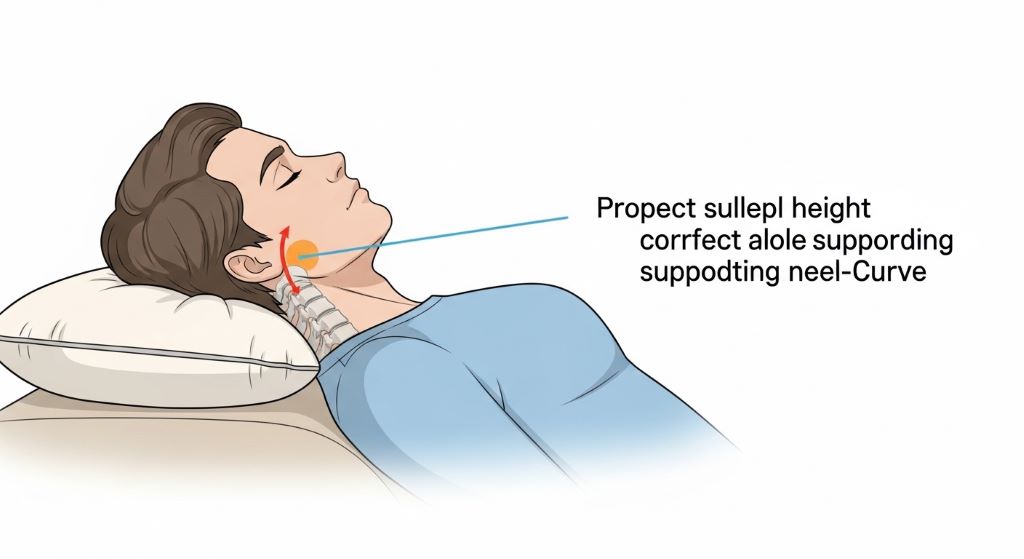 Side view diagram showing proper spinal alignment with correct pillow height supporting neck curve while person sleeps on side