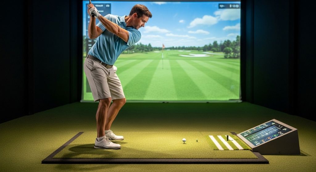 Golfer practicing full swing on premium indoor golf mat with shock-absorbing construction and alignment markings