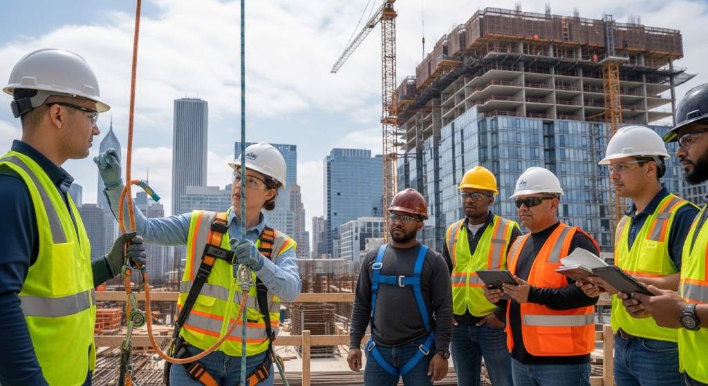 Chicago construction workers using hazard prevention systems on a high-rise project