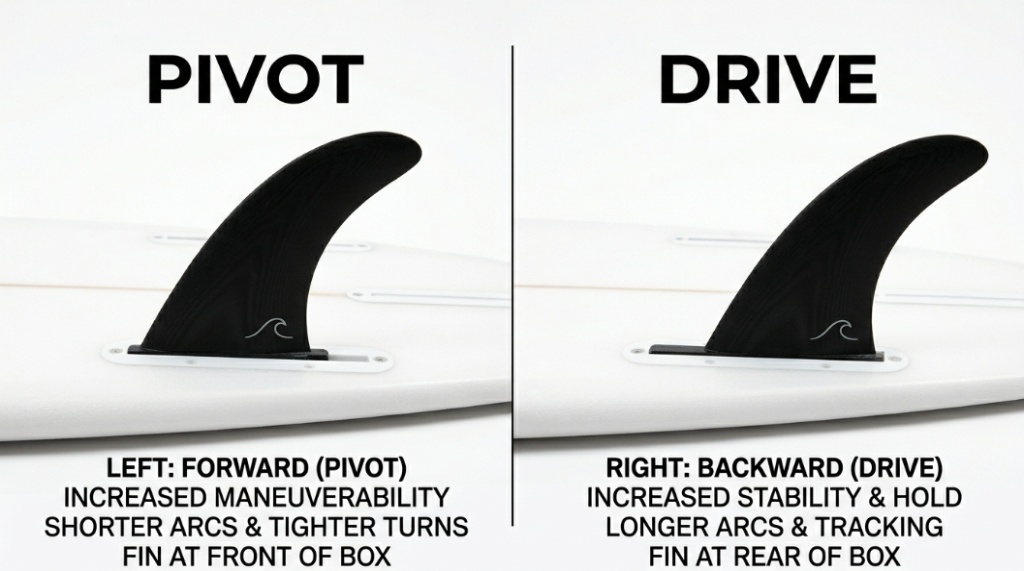 Side-by-side comparison of forward and backward fin positions in a surfboard fin box.