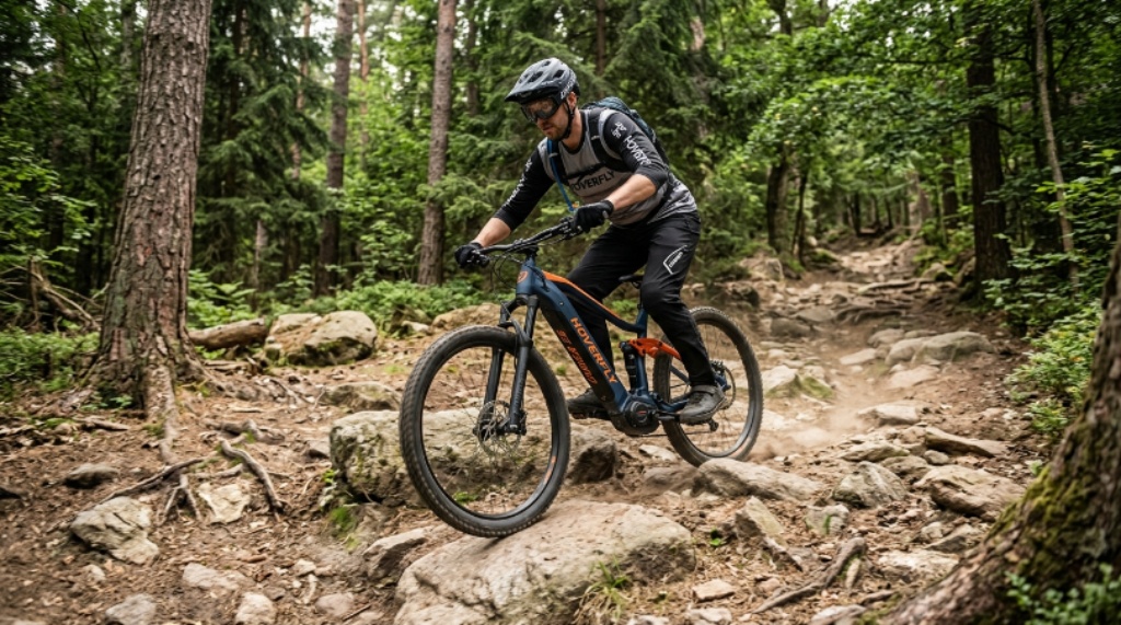 Rider testing the HOVERFLY OUREA 26 electric mountain bike on a rocky outdoor forest trail