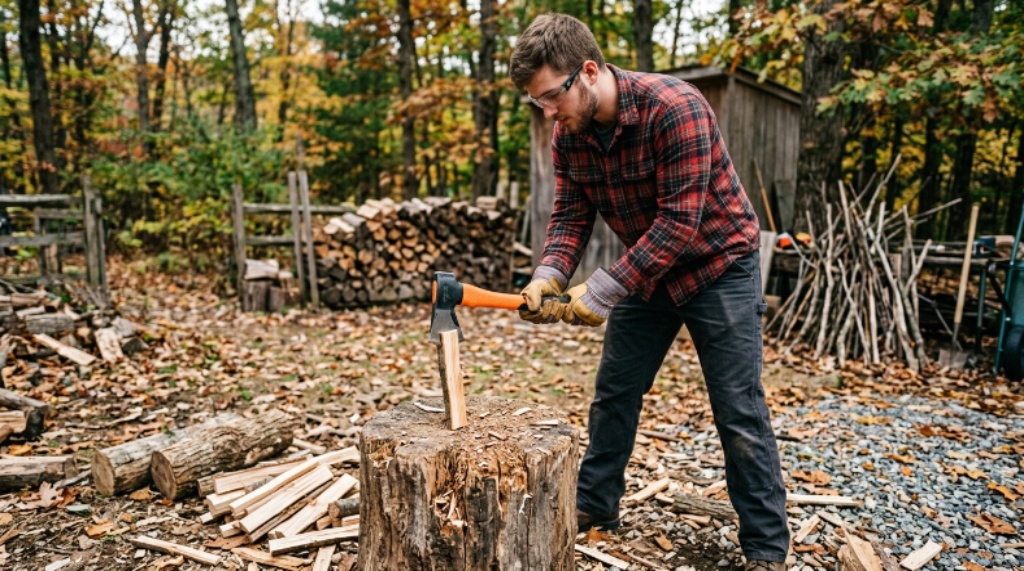 A beginner holding a lightweight hatchet with a fiberglass handle while splitting kindling on a wooden chopping block outdoors