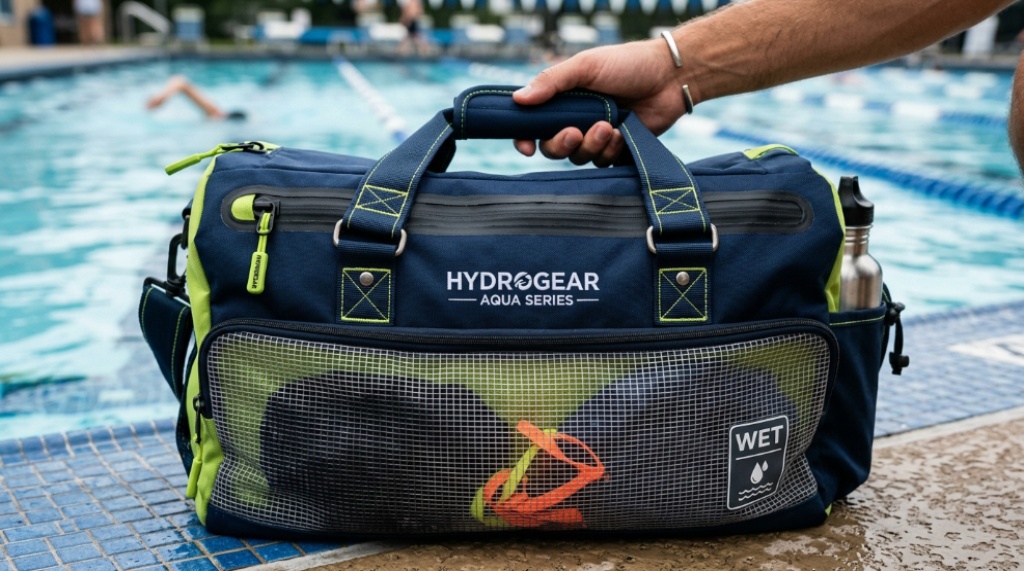 Close-up of a stylish swim bag with sealed zipper, reinforced handles, and separate wet and dry compartments