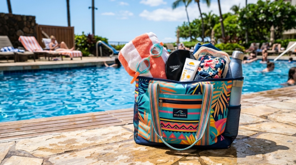 A vibrant waterproof tote bag sitting poolside packed with a towel, goggles, and swim gear on a sunny day