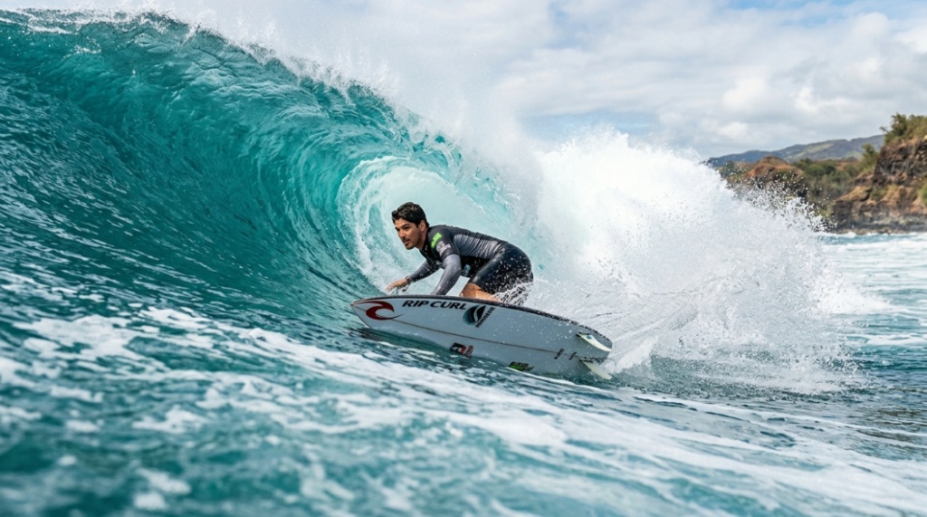 A surfer performing a powerful bottom turn on a blue wave to demonstrate fin control.