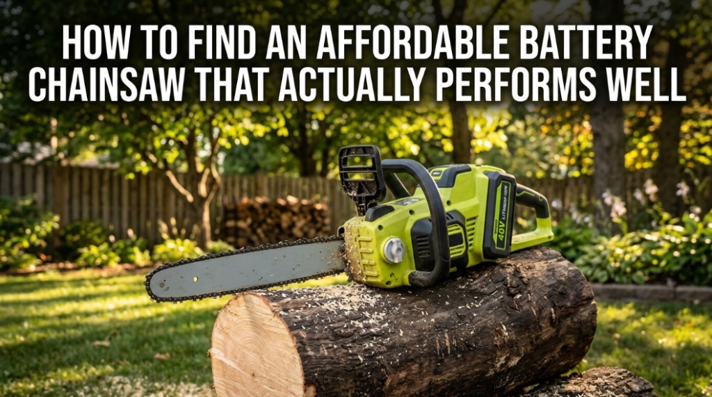 A cordless battery chainsaw resting on a log in a backyard.
