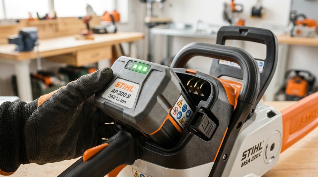 A close-up of a lithium-ion battery pack inserting into a chainsaw.