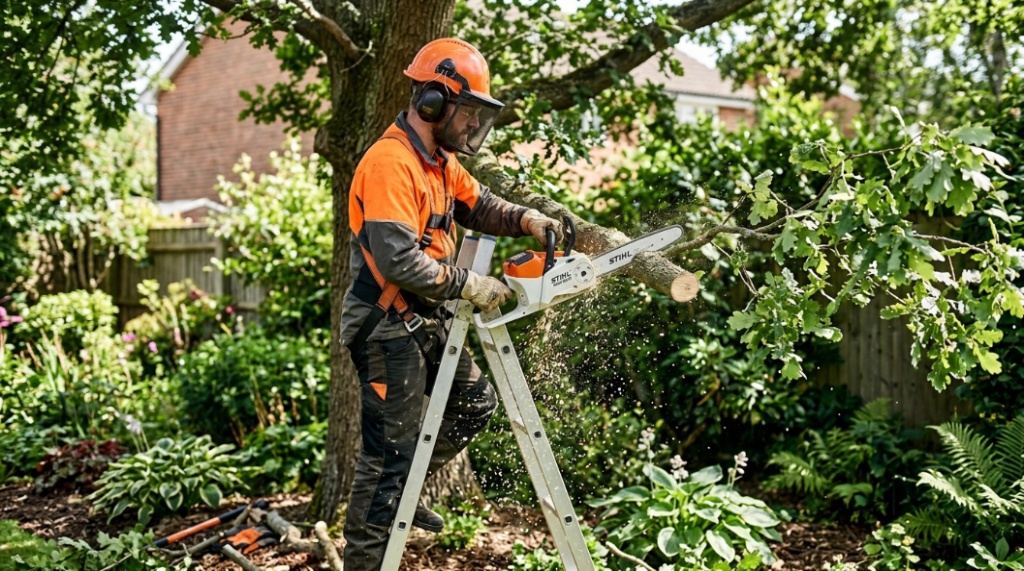 A person wearing safety gloves cutting a tree branch with a chainsaw.