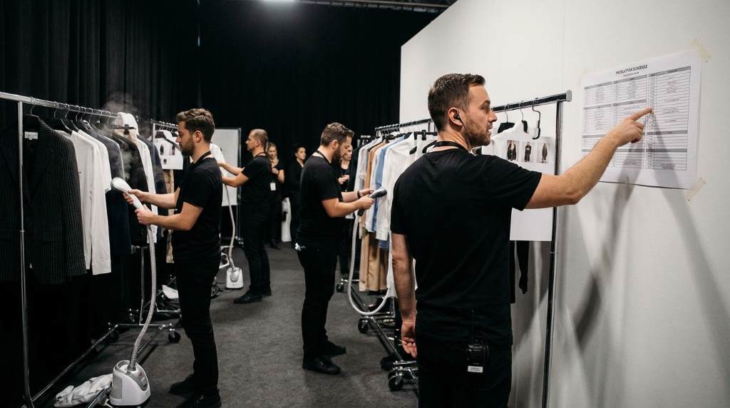 Event coordinator managing fashion show schedule