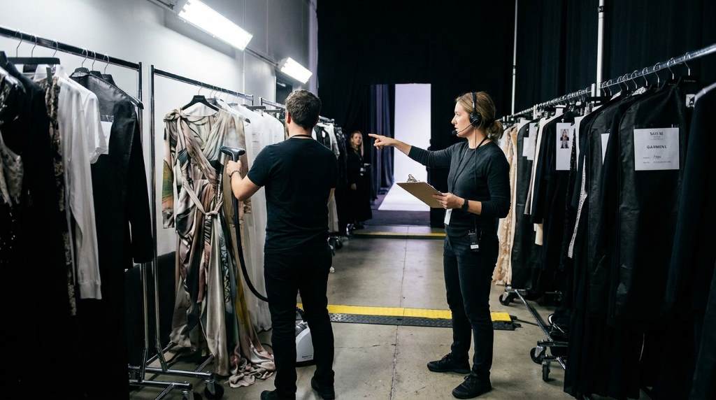 Fashion event production team preparing runway backstage