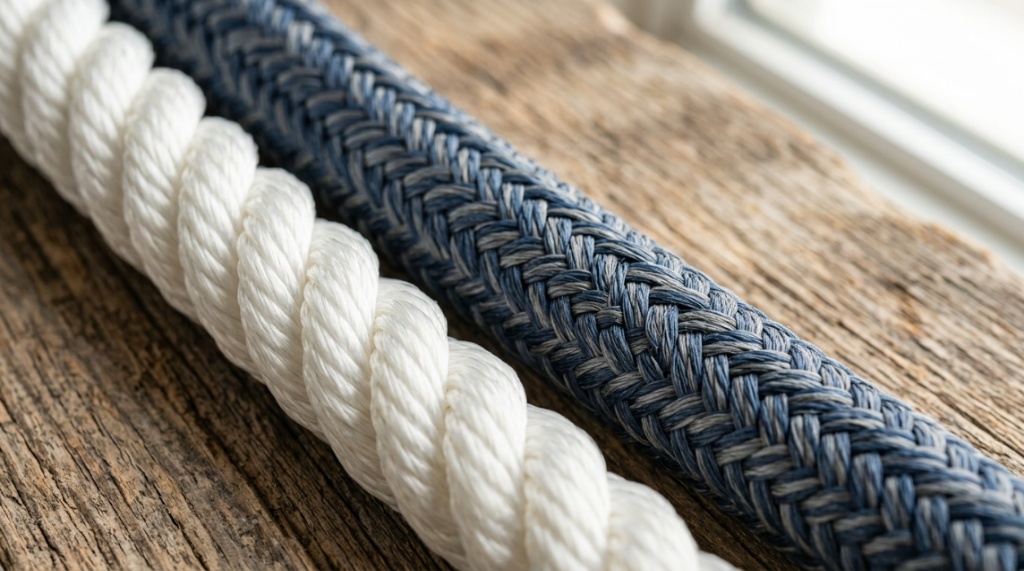 Various coils of utility ropes organized neatly on a wooden workbench.