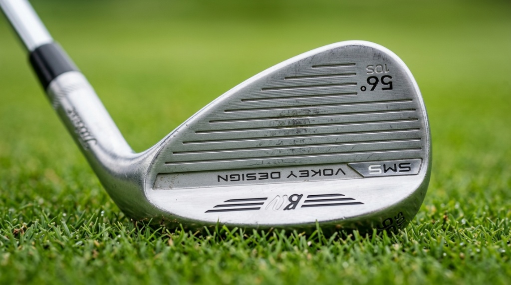 Golfer striking a golf ball out of the turf using a wedge.