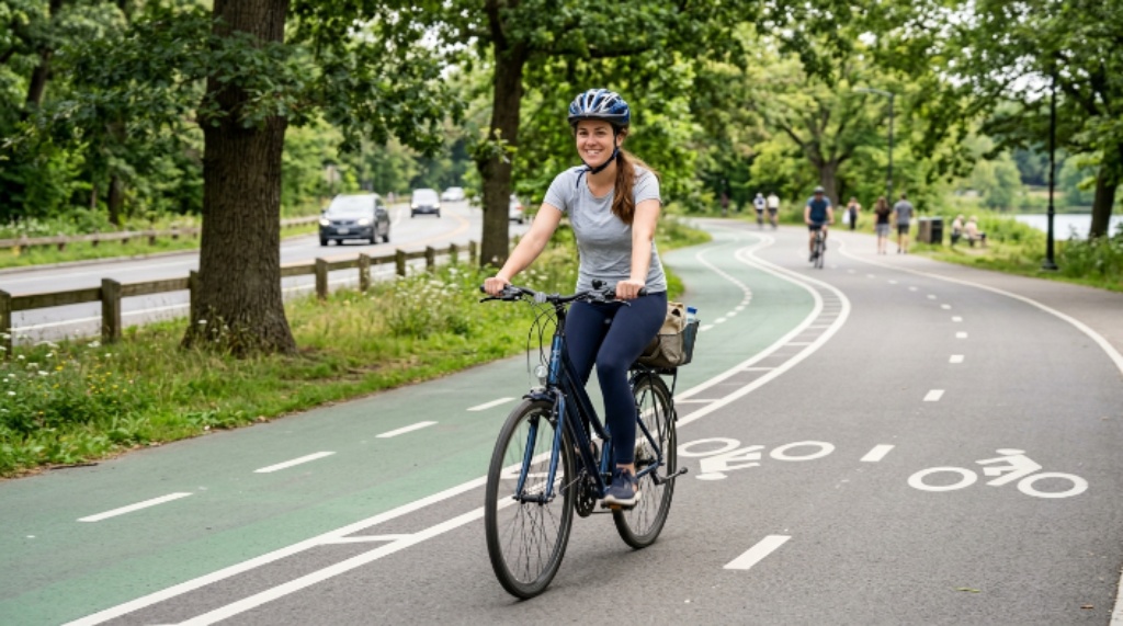 Beginner cyclist riding on a safe bike route