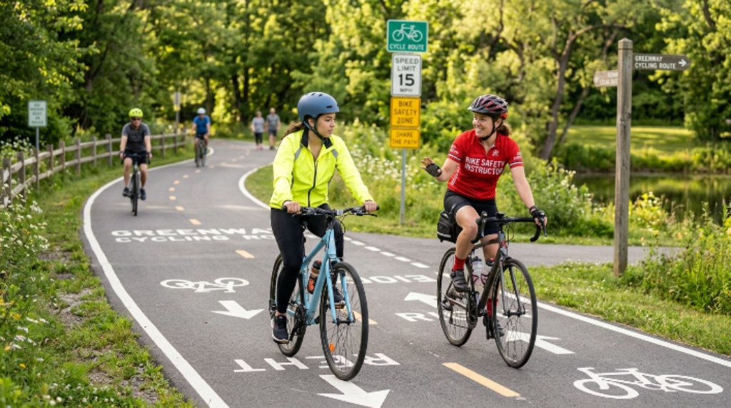 Beginner learning bike safety on a cycling route