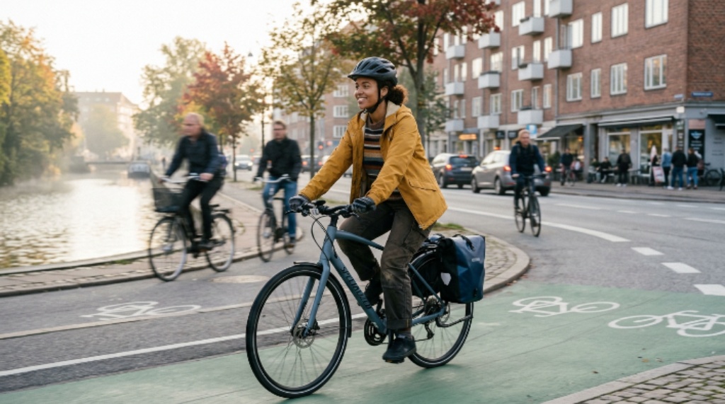 Cyclist using a hybrid bike for daily commuting