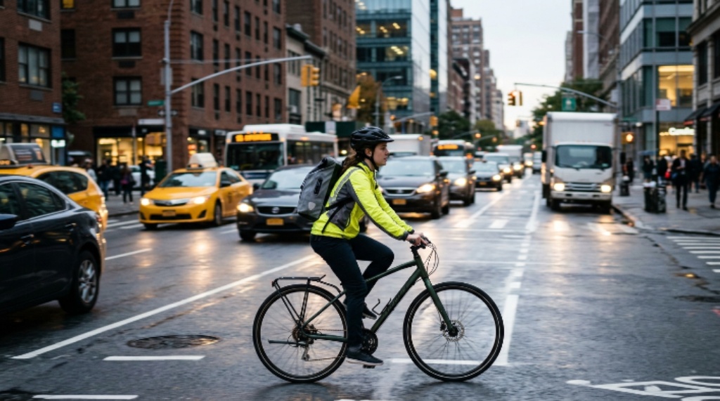 Hybrid bike rider commuting through city traffic