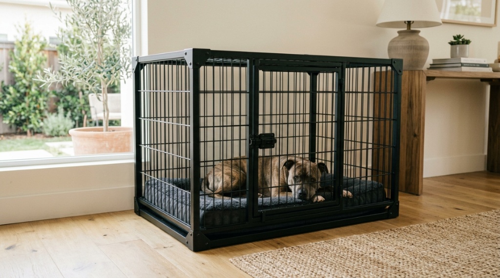 Owner comforting a nervous dog near a secure steel kennel.