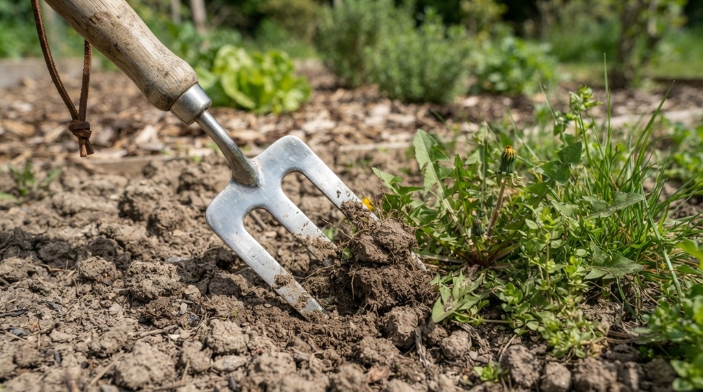 Stainless steel hand fork digging into hard soil next to weeds.