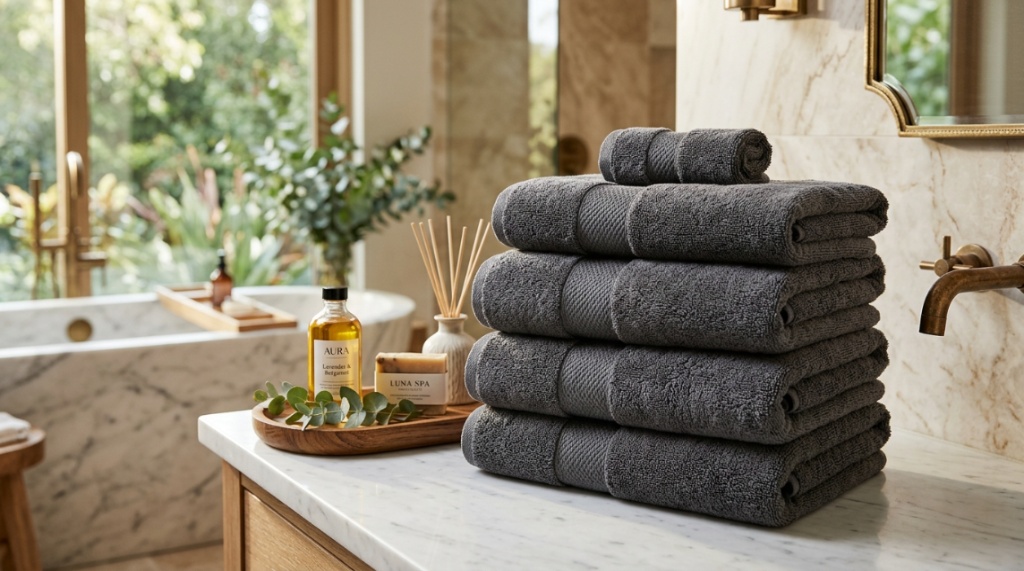 A tactile, close-up photo demonstrating how to test towel fabric quality before purchasing.