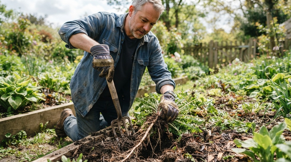 Man wearing gloves using a hand fork to pull out deep weed roots.