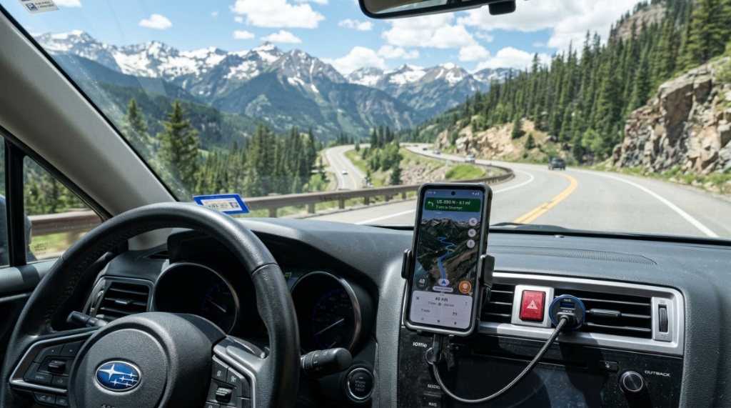 Smartphone mounted on a car dashboard with mountain highway view.