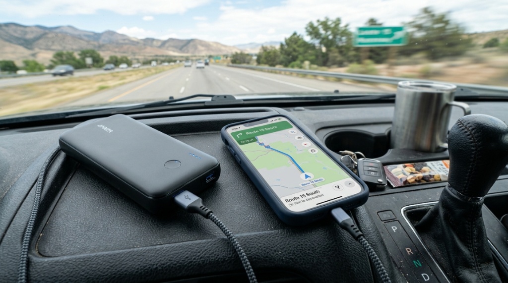 Portable power bank charging a smartphone on a car console.