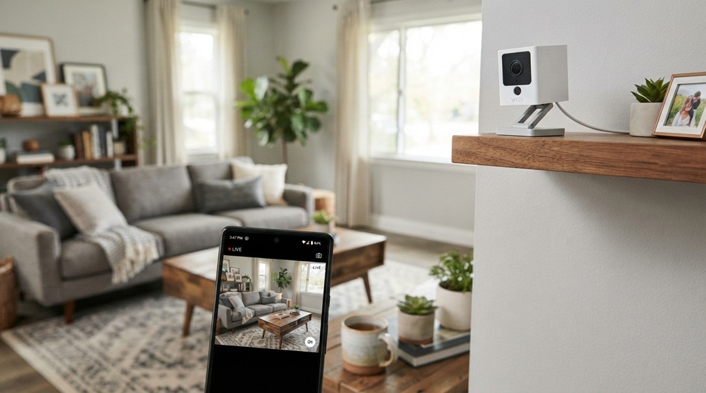 Man holding a smartphone displaying a live security feed from a home camera.