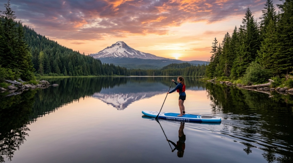 Person paddleboarding on a calm Oregon lake during sunset.