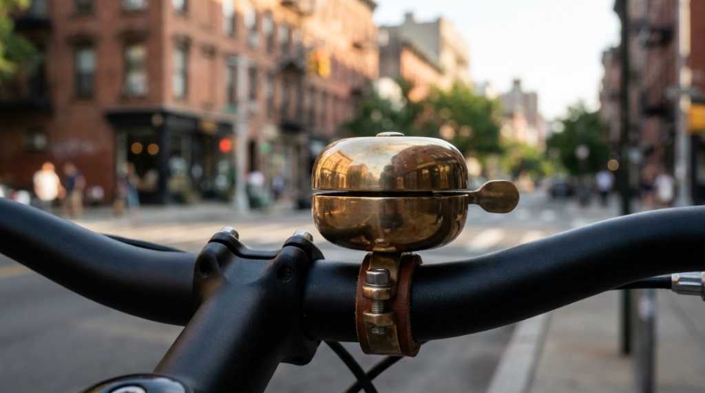 Cyclist using a thumb lever to ring a handlebar-mounted warning bell.